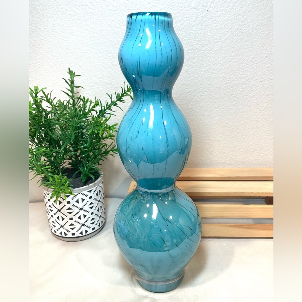 Vintage Pier 1 Turquoise Blue w Black Etch Art Glass Triple Gourd Vase | EUC